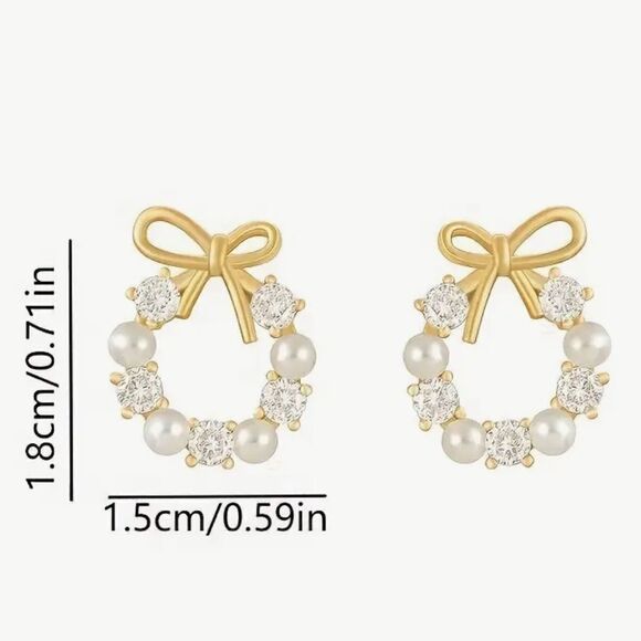 New Gold Plated Ribbon Hoop Pearl with Cubic Zirconia Gold Pearl Earrings - Picture 6 of 6